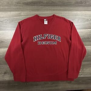 Tommy Hilfiger Denim Sweatshirt Mens XL Red Crewneck Pullover Spell Out Logo